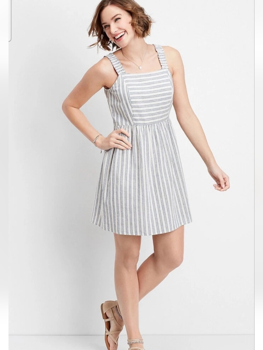 Maurices White Blue Striped Linen Blend Mini Sun Dress Size S